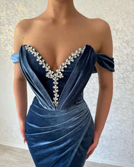 Charming Long Navy Off-the-Shoulder Ankle Length Prom Dresses Long Slit Online