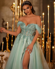 Charming Long Off-the-Shoulder Lace Beading Prom Dresses Long Slit Online