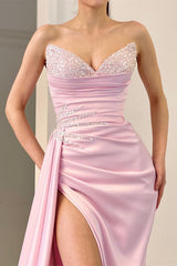 Charming Long Pink Sleeveless Front Split Satin Evening Prom Dresses With Beading