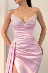Charming Long Pink Sleeveless Front Split Satin Evening Prom Dresses With Beading