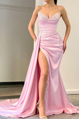 Charming Long Pink Sleeveless Front Split Satin Evening Prom Dresses With Beading