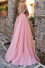 Charming Long Pink V-Neck Glitter Sleeveless Prom Dresses Long Slit Online