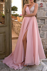 Charming Long Pink V-Neck Glitter Sleeveless Prom Dresses Long Slit Online