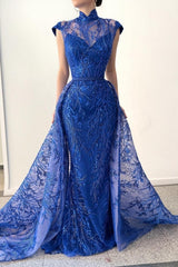 Charming Long Royal Blue High Neck Lace Sleeveless Prom Dresses With Detachable Train