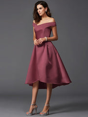 Charming Off-the-Shoulder Sleeveless High Low Satin Bridesmaid Dresses