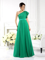 Charming One Shoulder Ruffles Sleeveless Long Chiffon Bridesmaid Dresses