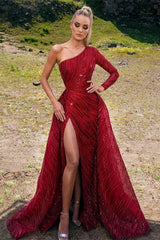Charming Red Beading One Shoulder Long A-line Prom Dress Split