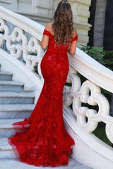 Charming Red Off-the-shoulder Mermaid Long Prom Dresses with Glitter