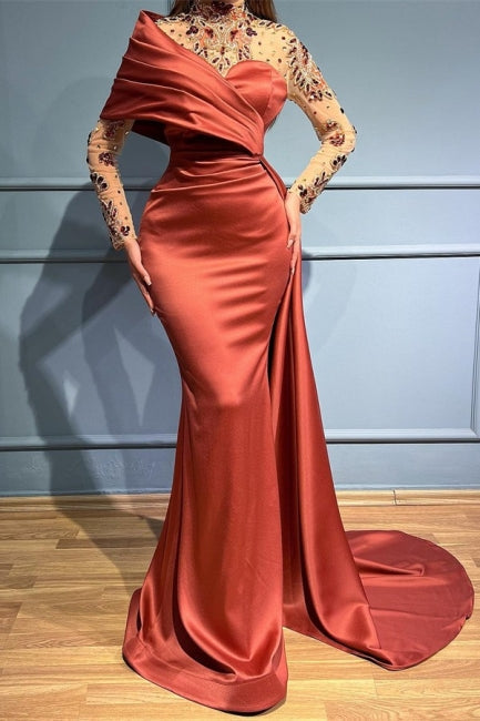 Charming Russet One Shoulder Stretch Satin Evening Prom Dresses with Ruffles