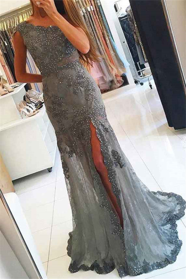 Charming Scoop Beading Lace Prom Party Gowns| Mermaid Front Slit Long Prom Party Gowns