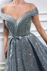 Charming Sequins Off-the-Shoulder Sleeveless Sweetheart Front Slit Shinny Long Prom Dress