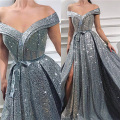 Charming Sequins Off-the-Shoulder Sleeveless Sweetheart Front Slit Shinny Long Prom Dress