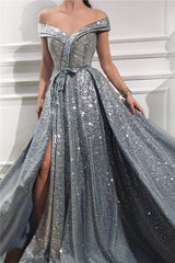 Charming Sequins Off-the-Shoulder Sleeveless Sweetheart Front Slit Shinny Long Prom Dress