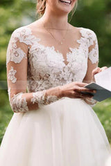 Charming White Floral Lace Wedding Dress Tulle Long Sleeves Garden Bridal Dress