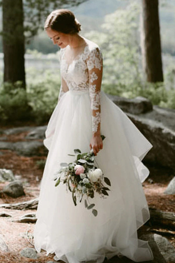 Charming White Floral Lace Wedding Dress Tulle Long Sleeves Garden Bridal Dress