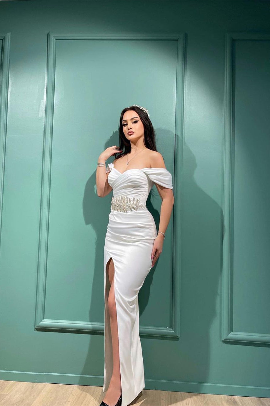 Charming White Mermaid Off-the-shoulder Sleeveless Evening Prom Dresses With Slit