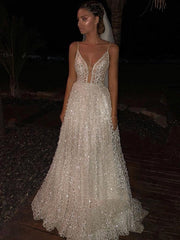 Charming White Spaghetti-Strap A-Line Sequins Wedding Dress Shining Long Prom Gowns