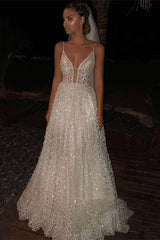 Charming White Spaghetti-Strap A-Line Sequins Wedding Dress Shining Long Prom Gowns