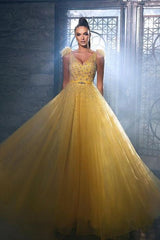 Charming Yellow Sequins Sleeveless Long A-line Prom Dress With Beads
