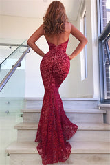 Chic Backless Mermaid Prom Dresses Long Red V-Neck Sleeveless Evening Dress