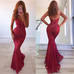 Chic Backless Mermaid Prom Dresses Long Red V-Neck Sleeveless Evening Dress