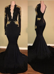 Chic Black and Gold Prom Dresses Deep V-Neck Long Sleevess Evening Gowns