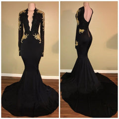 Chic Black and Gold Prom Dresses Deep V-Neck Long Sleevess Evening Gowns