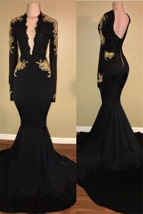 Chic Black and Gold Prom Dresses Deep V-Neck Long Sleevess Evening Gowns