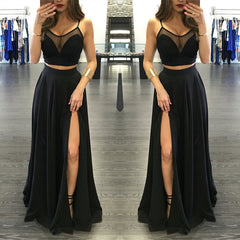 Chic Black Illusion Two Piece Prom Party GownsFront Split Spaghetti Strap