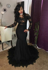 Chic black lace prom dress, Long Sleeves mermaid party dress