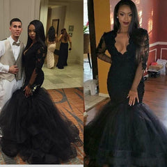 Chic Black Long-sleeve Mermaid V-neck Lace Sweep-Train Prom Party Gowns