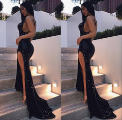 Chic Black Sequins Backless Party Gown Long Split Prom Party Gowns