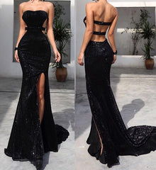 Chic Black Tube Top Sequins Floor Length Prom Dresses With Split White Open Back Party Gowns