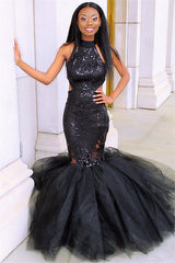 Chic Blcak Halter Sleeveless Applique Tulle Mermaid Prom Party Gowns