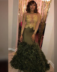 Chic Crew Neck Long Sleeves Feather Puffy Train Dark Green Prom Party Gowns