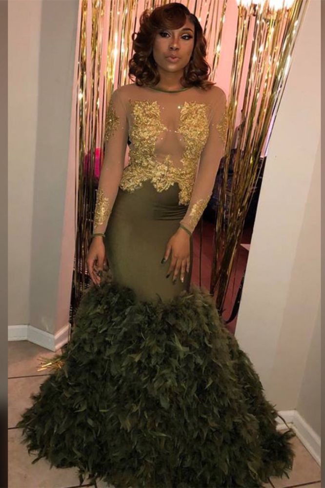 Chic Crew Neck Long Sleeves Feather Puffy Train Dark Green Prom Party Gowns