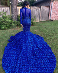 Chic Flowers Royal Blue Prom Party Gowns| Long Sleeves Prom Party Gowns