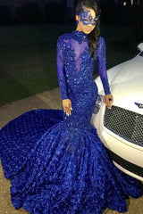 Chic Flowers Royal Blue Prom Party Gowns| Long Sleeves Prom Party Gowns