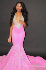 Chic Halter Mermaid Evening Gowns Backless Prom Party Gowns