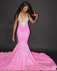 Chic Halter Mermaid Evening Gowns Backless Prom Party Gowns