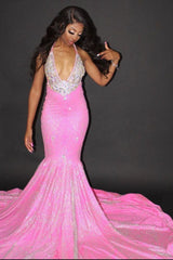 Chic Halter Mermaid Evening Gowns Backless Prom Party Gowns