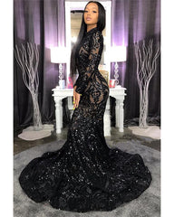 Chic High Neck Sparkle Appliques Prom Dresses Fit and Flare Long Sleeves Evening Gowns