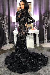 Chic High Neck Sparkle Appliques Prom Dresses Fit and Flare Long Sleeves Evening Gowns