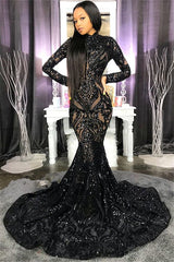 Chic High Neck Sparkle Appliques Prom Dresses Fit and Flare Long Sleeves Evening Gowns