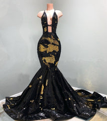 Chic Hollow Neckline Gold and Black Long Train Mermaid Evening Dresses