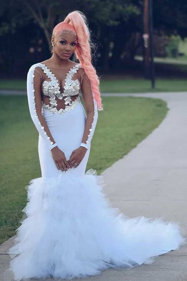 Chic Illusion Long Sleevess Sequins Tulle Train Mermaid White Prom Dresses