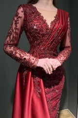 Chic Long Sleeves Burgundy Prom Dress Mermaid Long With Beads Lace Appliques