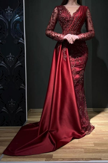 Chic Long Sleeves Burgundy Prom Dress Mermaid Long With Beads Lace Appliques