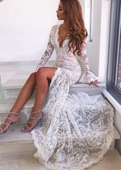 Chic Long Sleeves V-Neck Prom Party Gowns| Lace Evening Party Dress With Slit