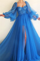 Chic Long Sleevess Sweetheart See Through Bodice Prom Party Gowns| Front Slit Blue Long Prom Party Gowns